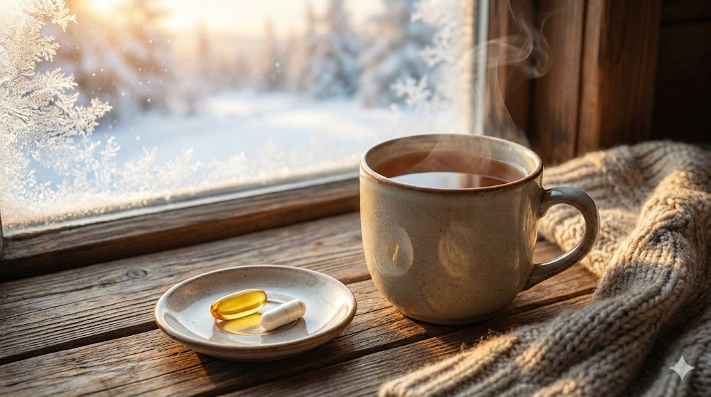 Útulné zimní ráno s čajem a vitamíny